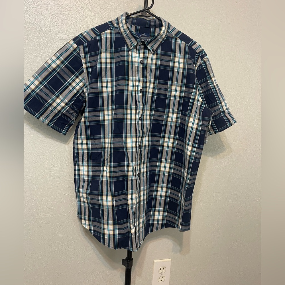 George Men's Navy and White Plaid Button Down Shirt